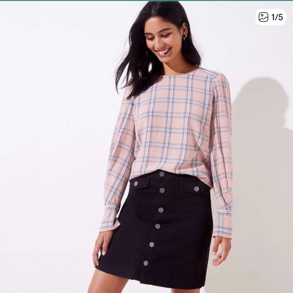 Loft‎ pink plaid pleated cuff blouse size medium